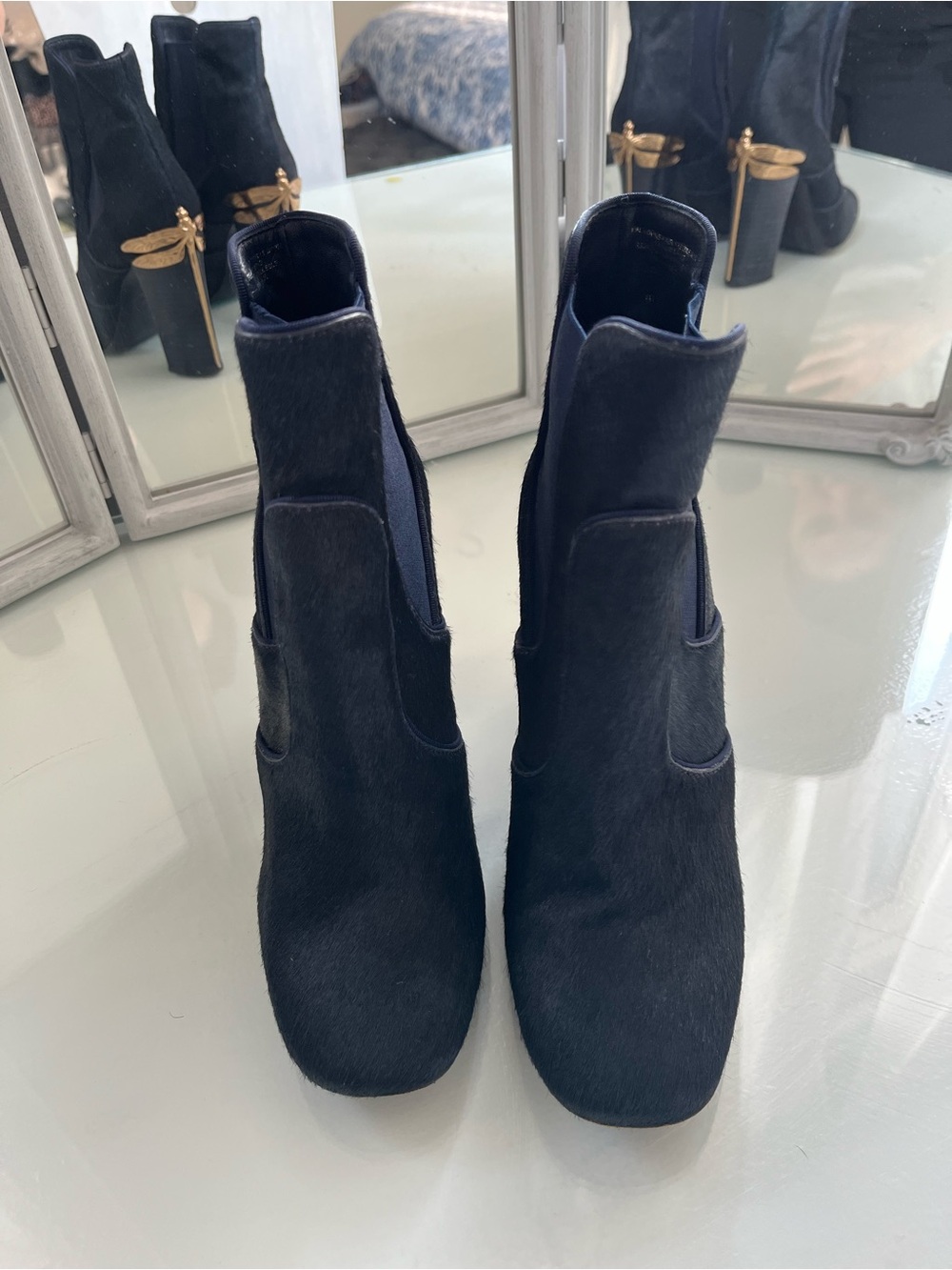 Tory Burch navy Pony-Hair Ankle Boots with Gold Dragonfly Heels - Picture 2 of 6